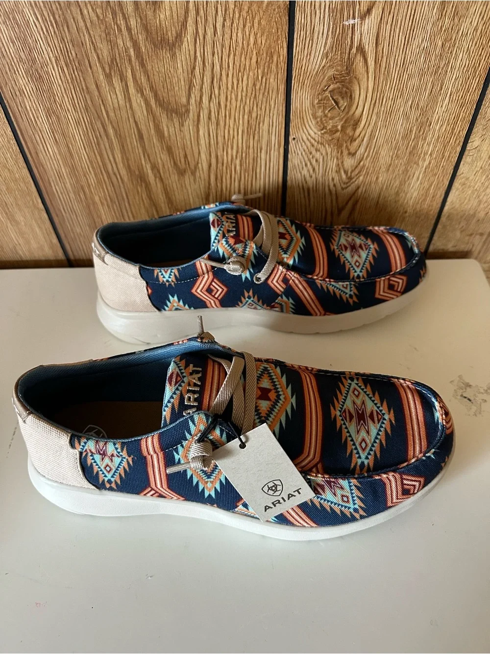 Ariat Men’s Hilo’s Navy Aztec-Pattern Slip-On Loafers w Orange Accents- NWT 12